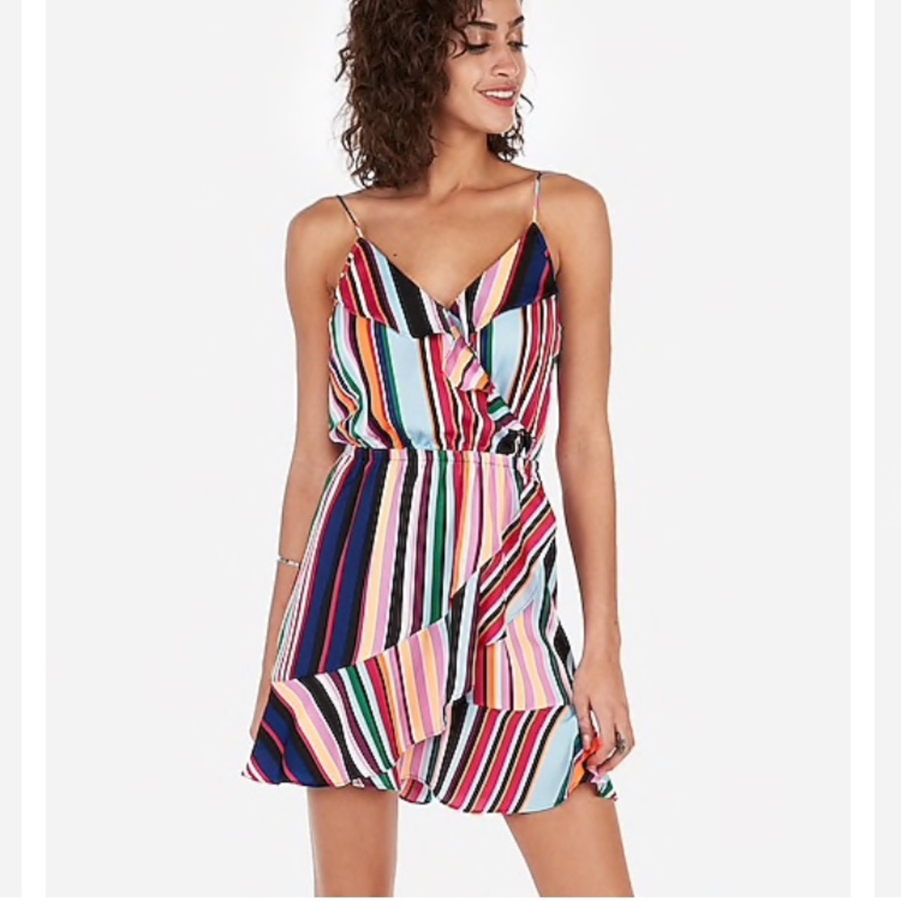 Striped faux wrap mini dress